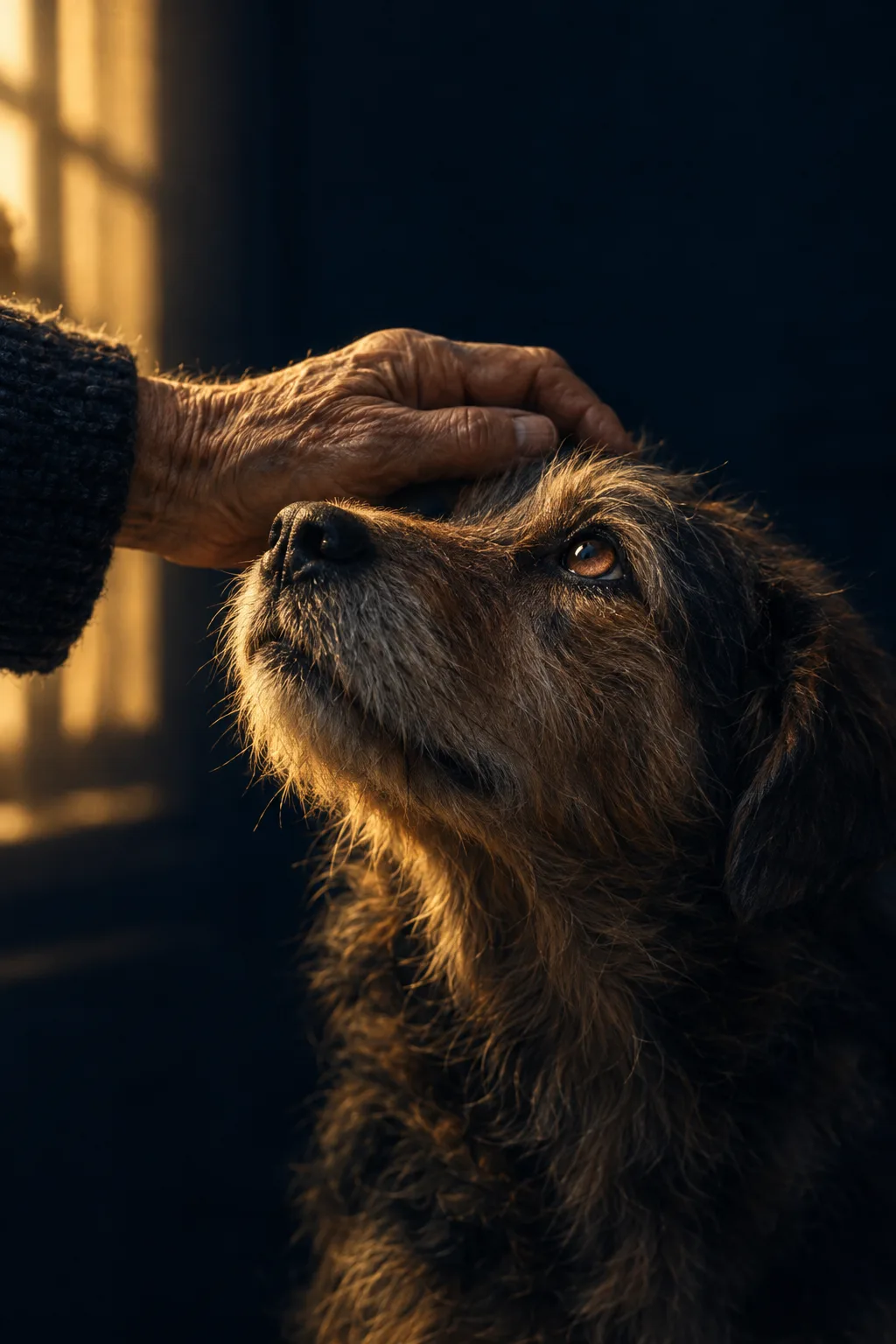 Eine ältere Hand streichelt den Kopf eines struppigen Tierheimhundes, der vertrauensvoll aufblickt