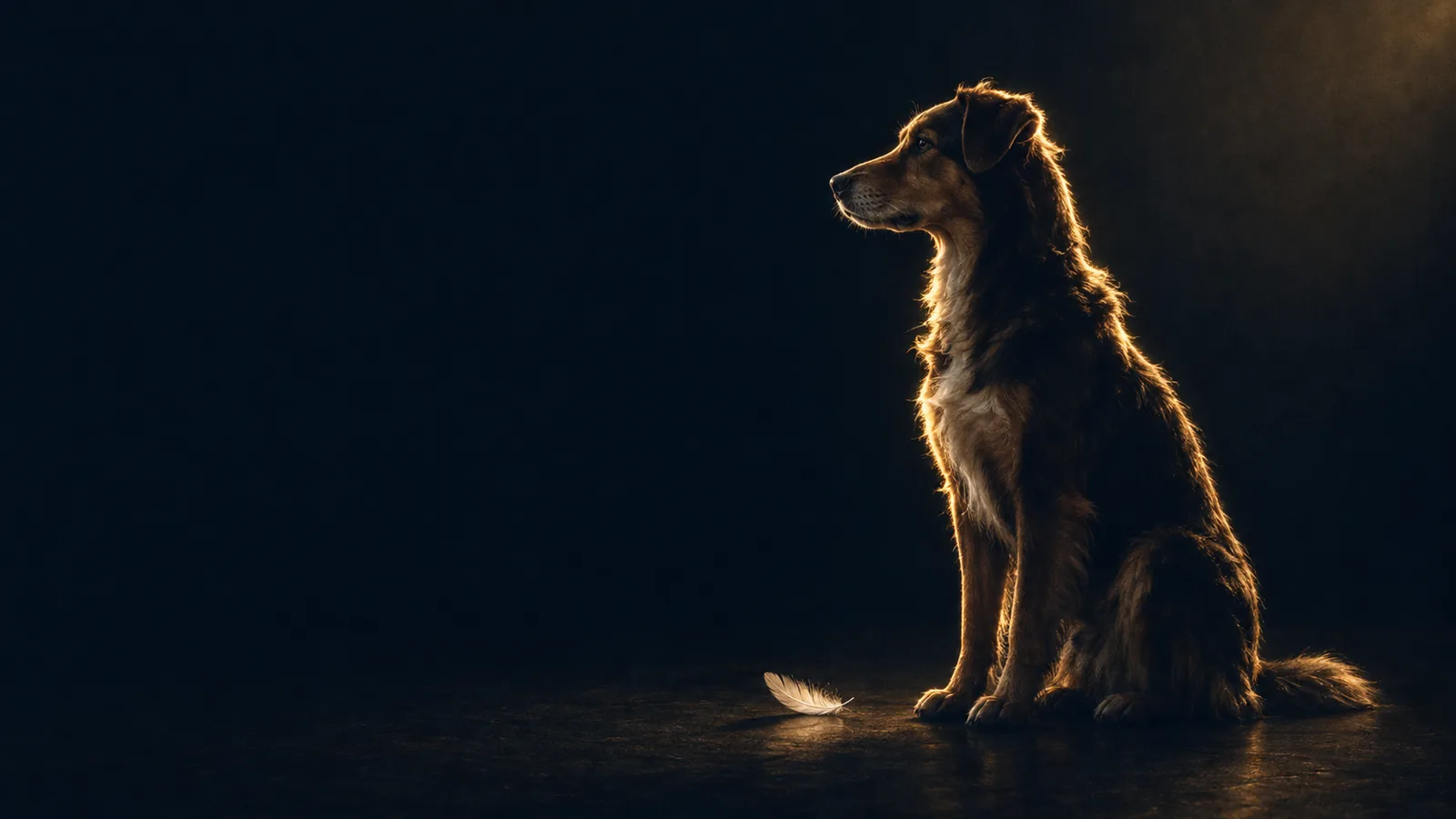 Ein Hund im Profil, von goldenem Gegenlicht umrissen, davor eine Feder